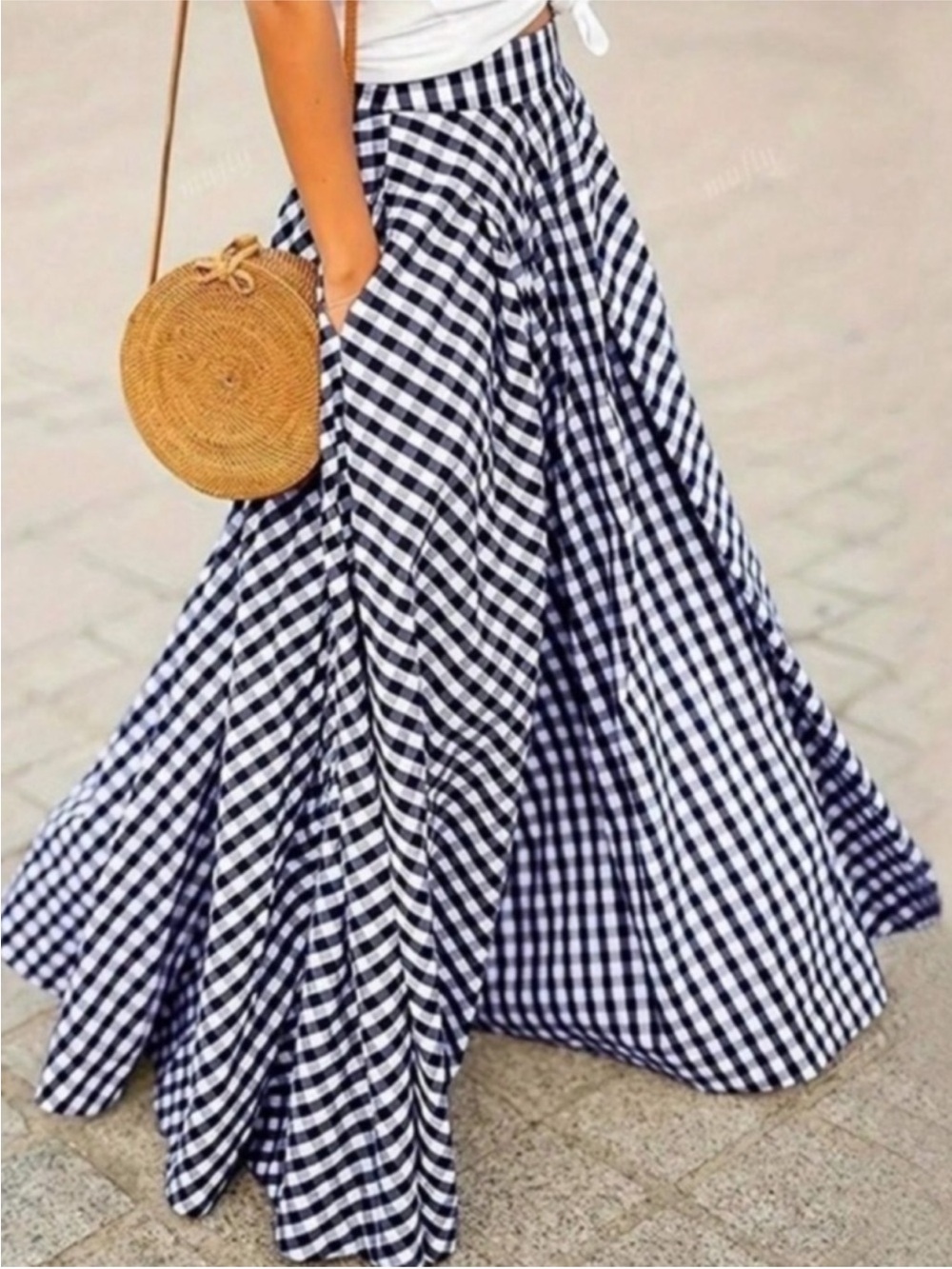 Classic Gingham High Waisted Flowy Maxi Skirt  NEW